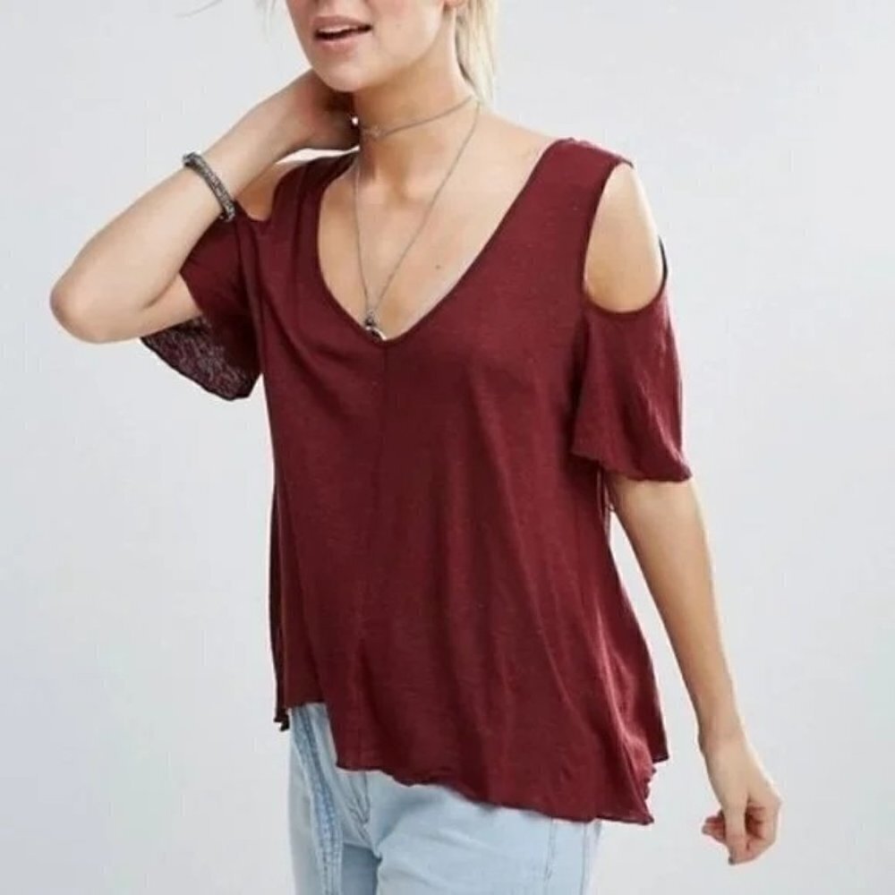 Free People Bittersweet Cold Shoulder Wine Red Short Sleeve S